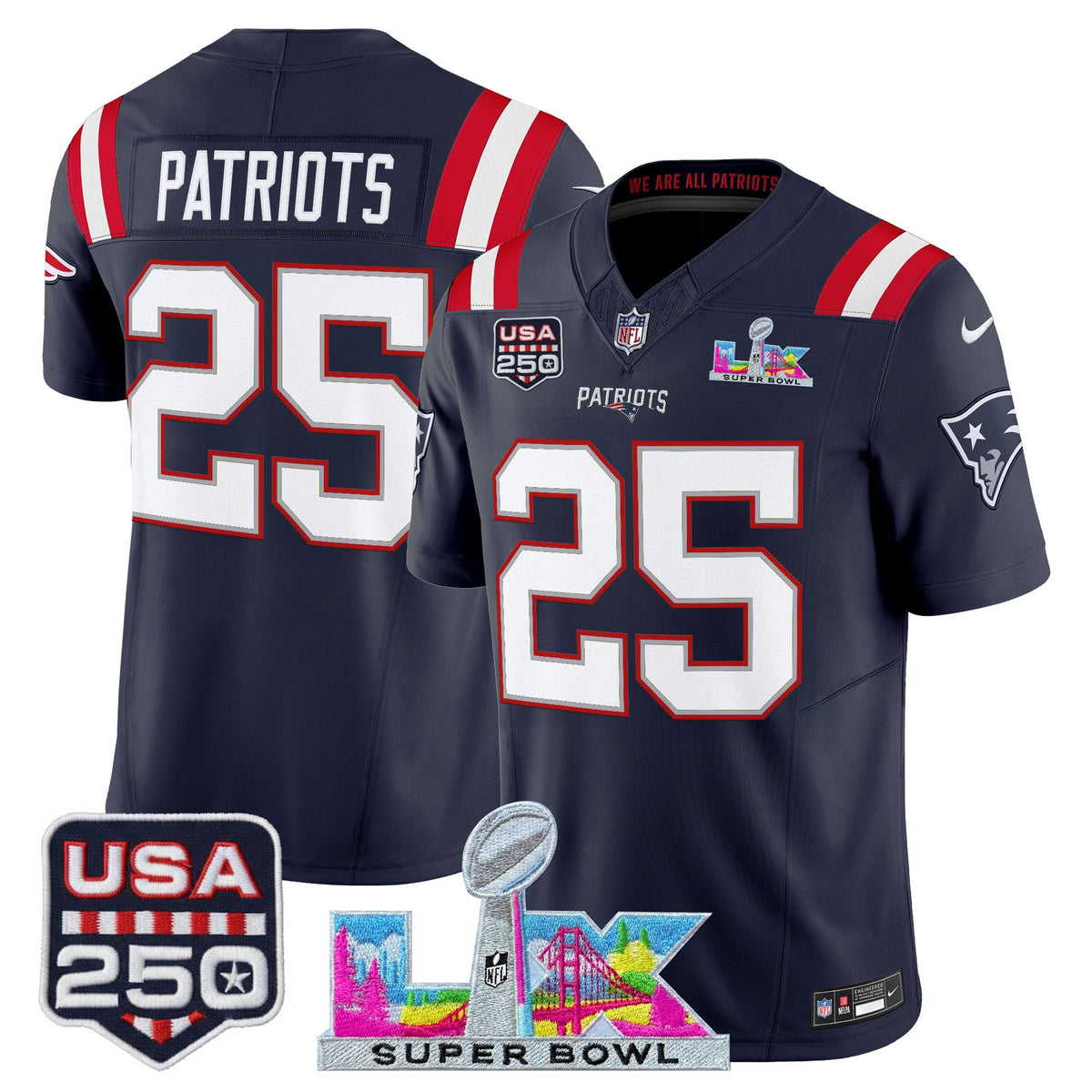 Men's New England Patriots Super Bowl LX & United States 250th Anniversary Patch Vapor Limited Jersey - All Stitched - Navy - #25 Patriots — view 1