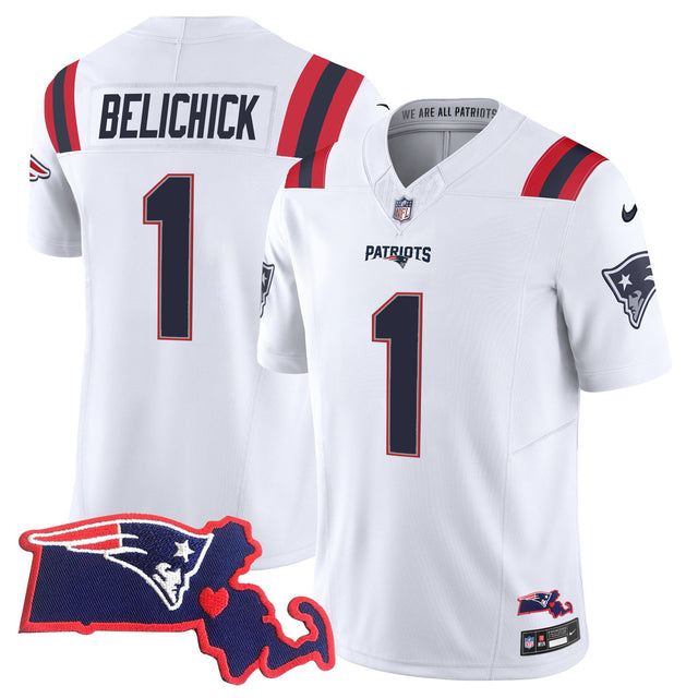 Men's Patriots Massachusetts Patch Vapor Jersey - All Stitched - White - Bill Belichick — view 1