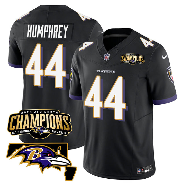 Men's Ravens 2023 AFC North Champions & Maryland Patch Vapor Jersey - All Stitched - Black - Marlon Humphrey — view 1