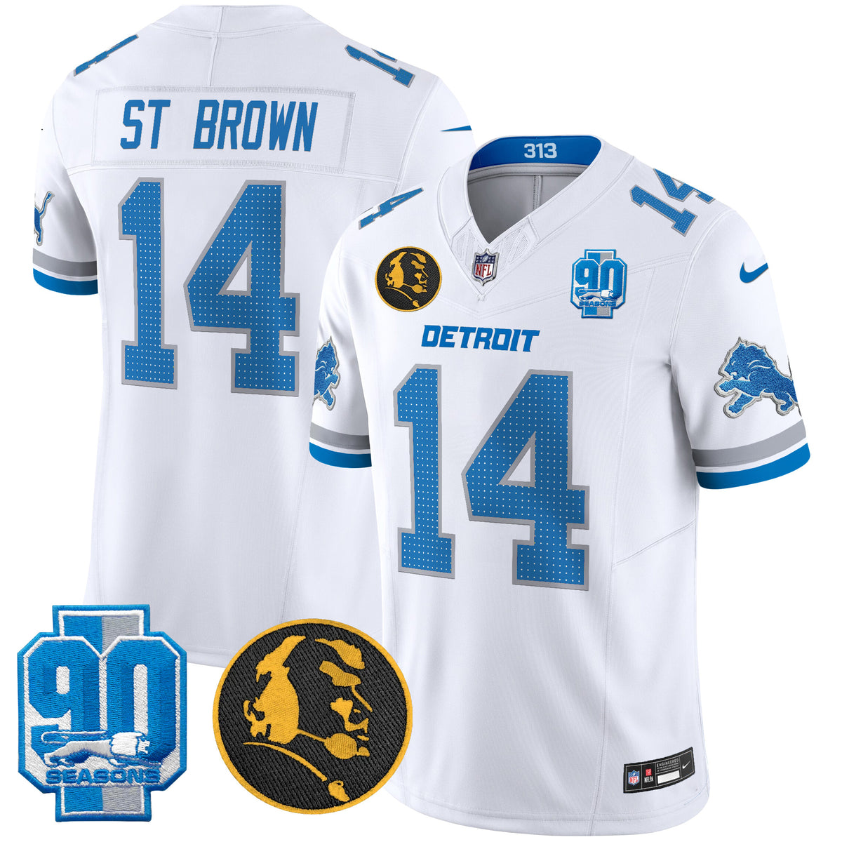 Men's Detroit Lions 2024 90th & John Madden Patch Vapor Limited Jersey V2 - All Stitched - White - St. Brown — view 1