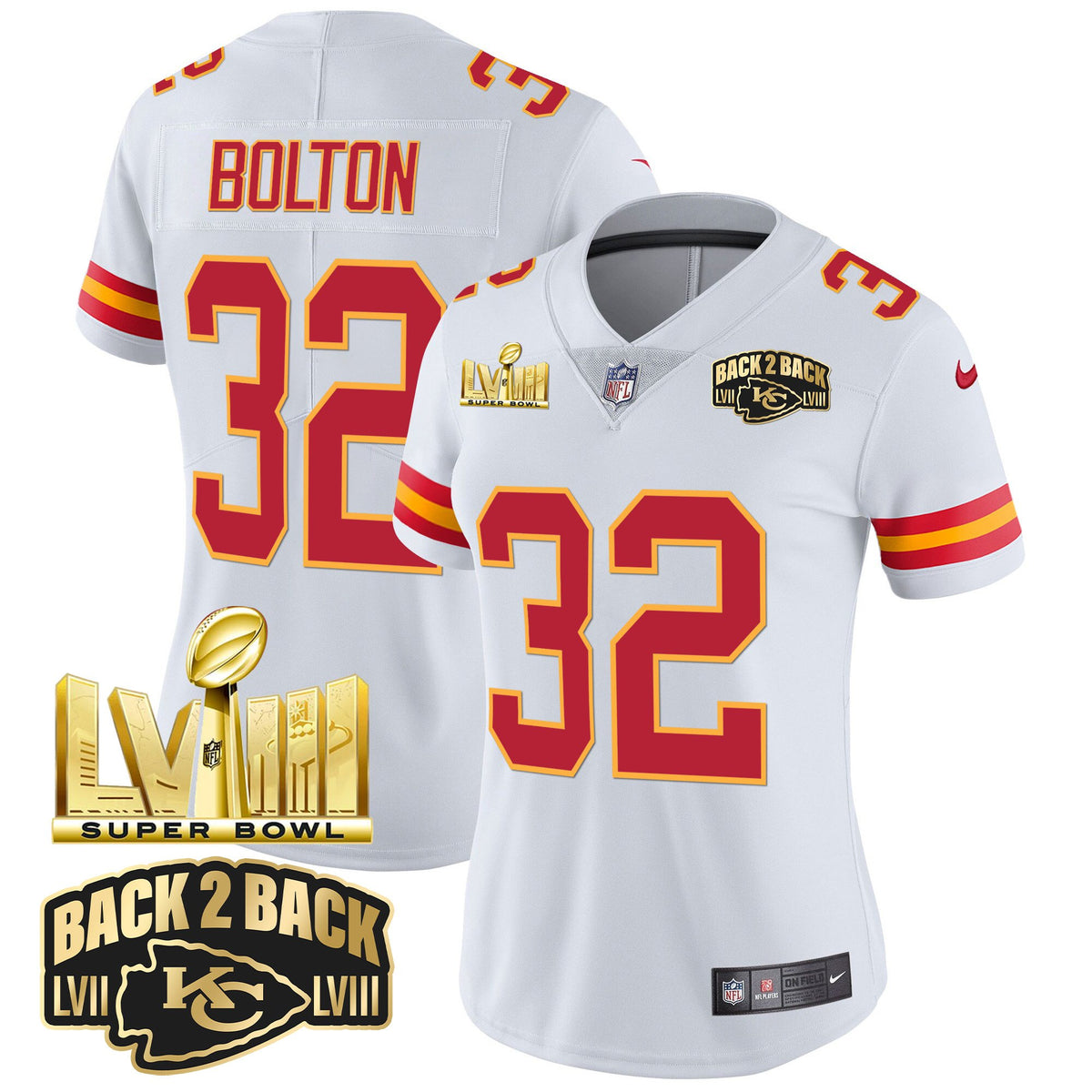 Women's Chiefs Super Bowl LVIII & Back 2 Back Gold Patch Vapor Jersey - All Stitched - White - Nick Bolton — view 1