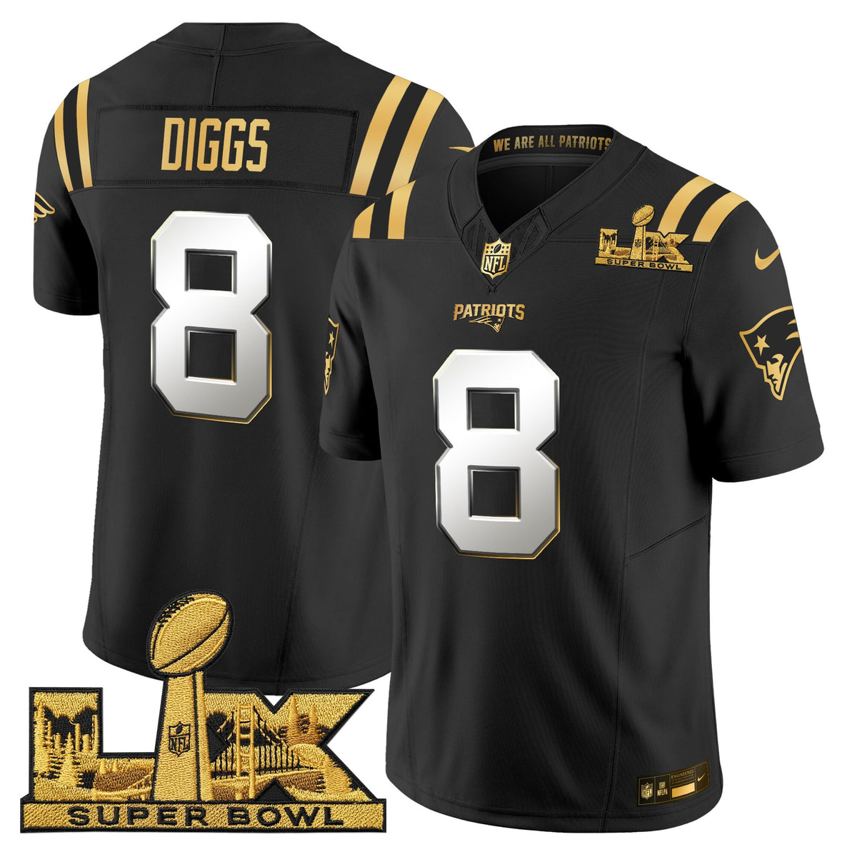 Men's New England Patriots Super Bowl LX Gold Vapor Limited Jersey - All Stitched - Black Limited - Stefon Diggs — view 1