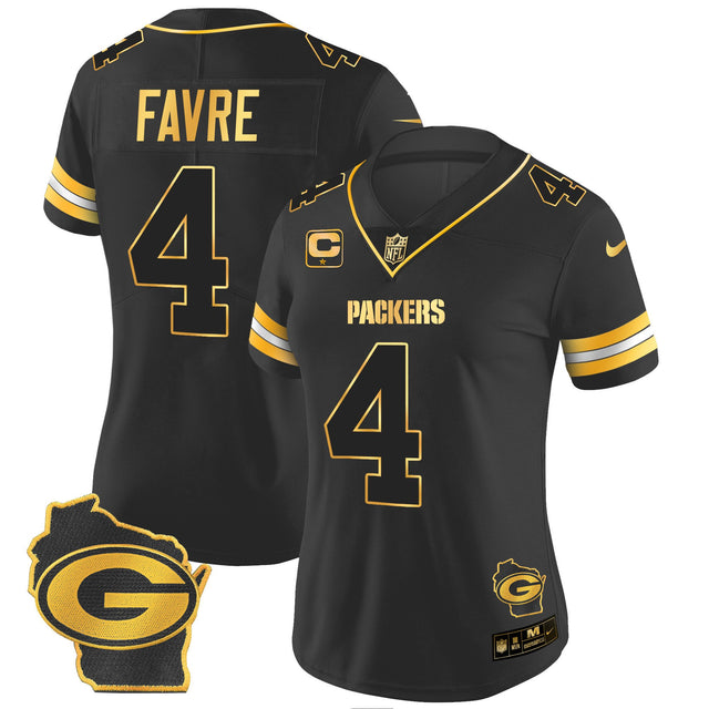 Women's Packers Home Patch Gold Vapor Jersey - All Stitched - Black Gold - Brett Favre — view 1