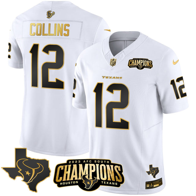 Men's Houston Texans 2023 AFC South Champions Patch Gold Vapor Jersey - All Stitched - White Gold - Nico Collins — view 1
