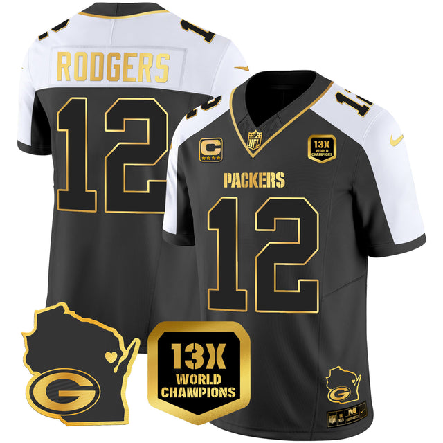 Men's Packers 13 Time World Champions & Home Patch Gold Vapor Jersey V2 – All Stitched - Alternate - Aaron Rodgers — view 1
