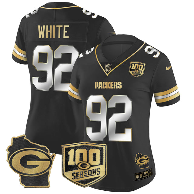 Women's Packers 100th Season & Home Patch Gold Vapor Limited Jersey – All Stitched - Black Limited - Reggie White — view 1