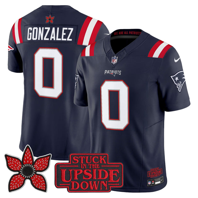 Men's New England Patriots 'Stranger Things Edition' Vapor Limited Jersey V2 - All Stitched - Navy - Christian Gonzalez — view 1