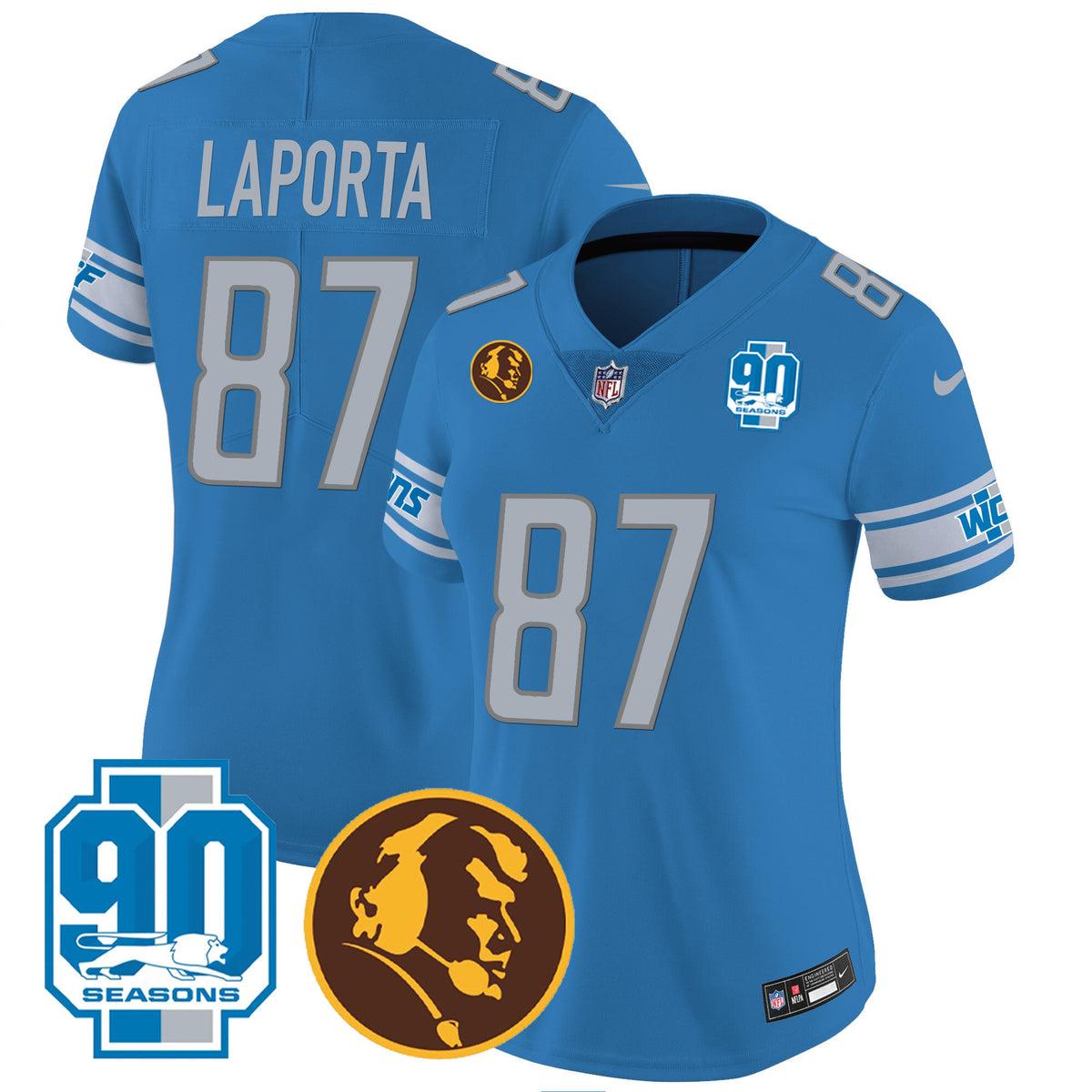 Women's Detroit Lions 90th & John Madden Patch Jersey - All Stitched - Blue - Sam Laporta — view 1