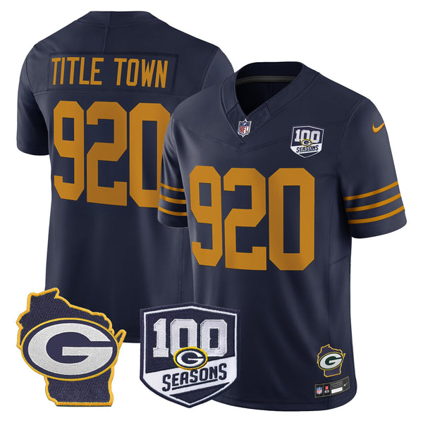 Men's Green Bay Packers 100th Season & Home Patch Vapor Limited Jersey - All Stitched - Navy - Title Town 920 — view 1
