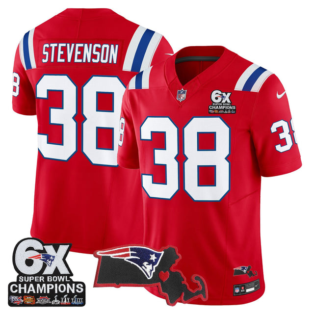 Men's New England Patriots 6-Time Champions & Massachusetts Patch Vapor Limited Jersey - All Stitched - Red - Rhamondre Stevenson — view 1
