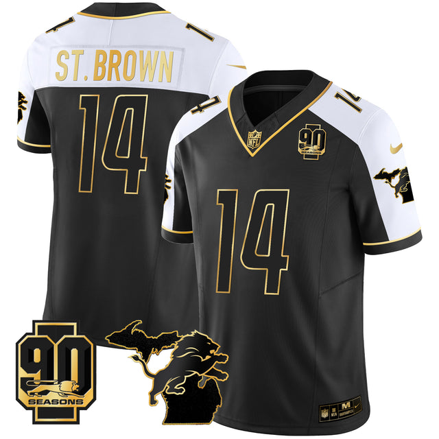 Men's Detroit Lions 90th Year & Michigan Patch Gold Vapor Jersey - All Stitched - Alternate - St. Brown — view 1