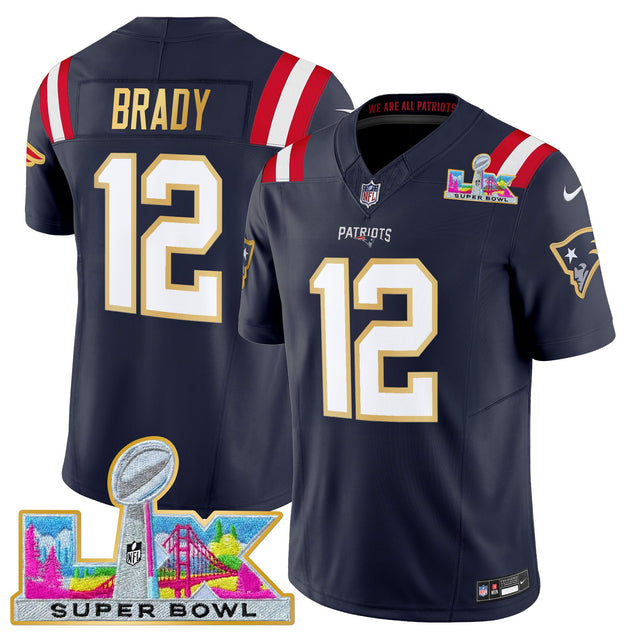 Men's New England Patriots Super Bowl LX Gold Trim Vapor Limited Jersey - All Stitched - Navy - Tom Brady — view 1