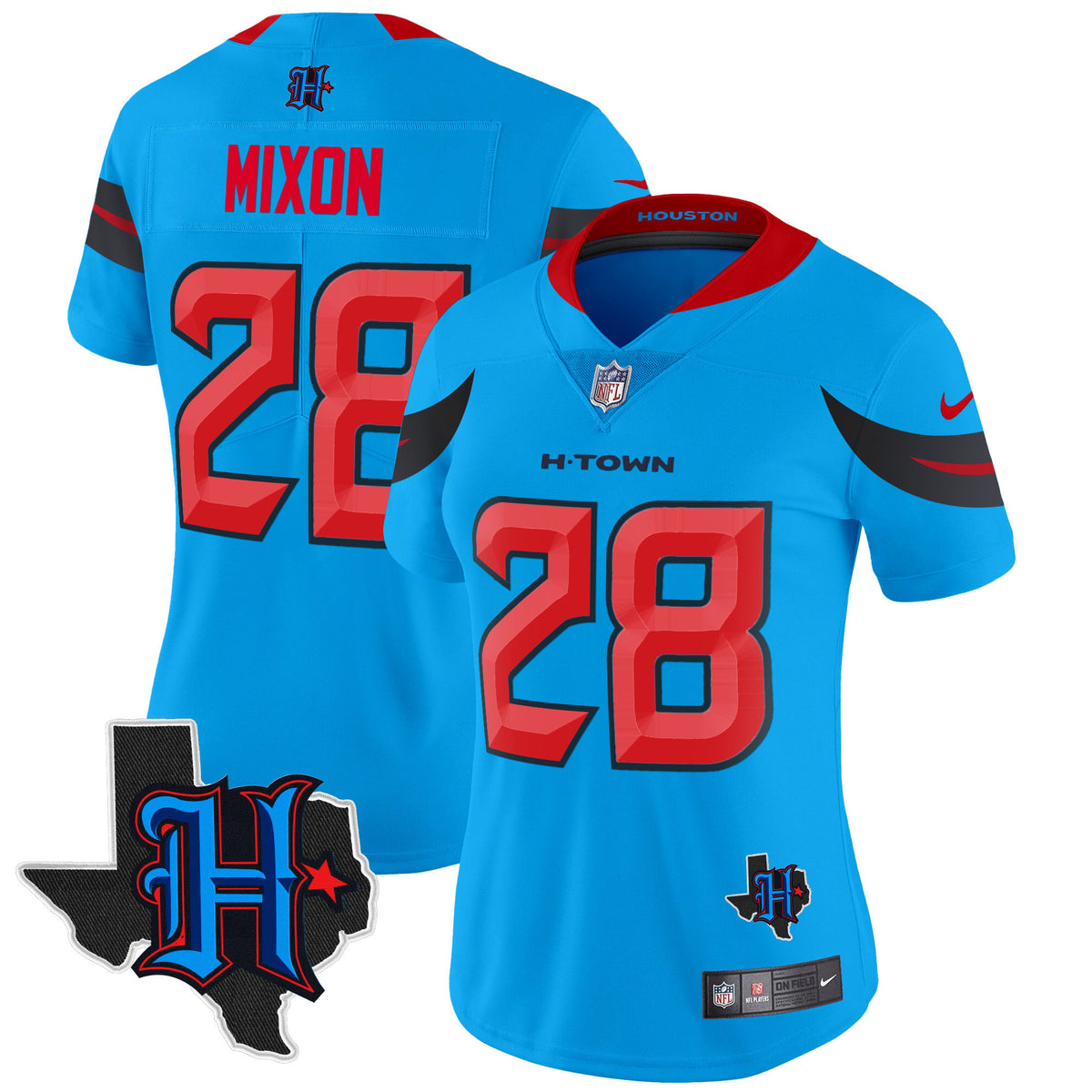 Women's Houston Texans 2024 Texas Patch Vapor Limited Jersey V3 - All Stitched - Blue - Joe Mixon — view 1