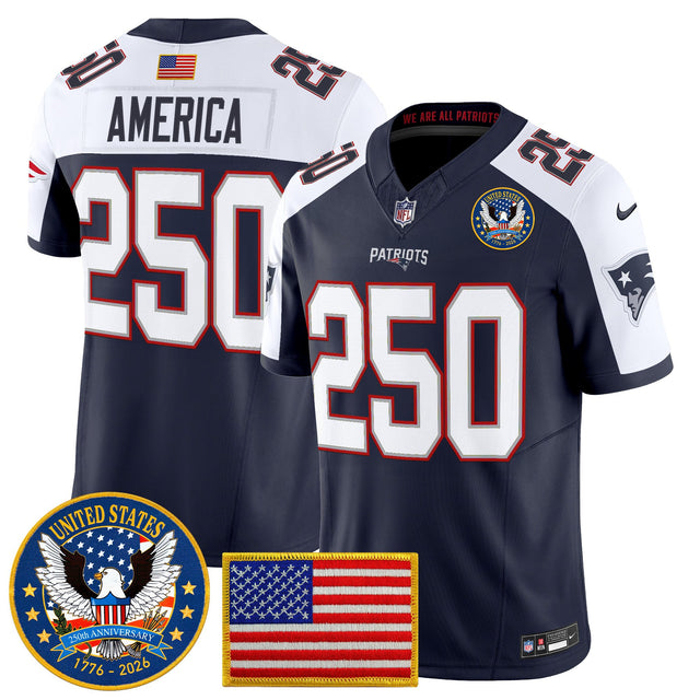 Men's New England Patriots United States 250th Anniversary Patch Vapor Limited Jersey - All Stitched - Navy Alternate - #250 America — view 1