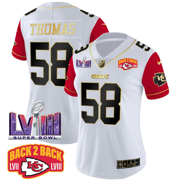 Women's Chiefs Super Bowl LVIII & Back 2 Back Patch Vapor Jersey V2 - All Stitched - Color Sleeves - Derrick Thomas — view 1