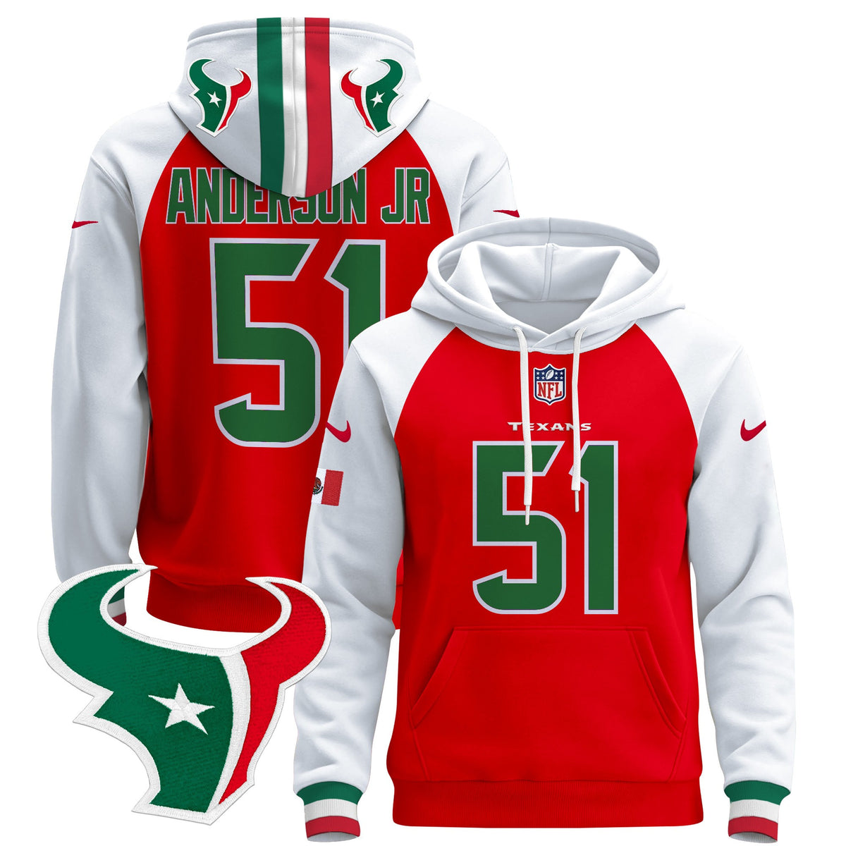 Men's Houston Texans Mexico 2024 Pullover Hoodie - All Stitched - Red Alternate - Will Anderson Jr — view 1
