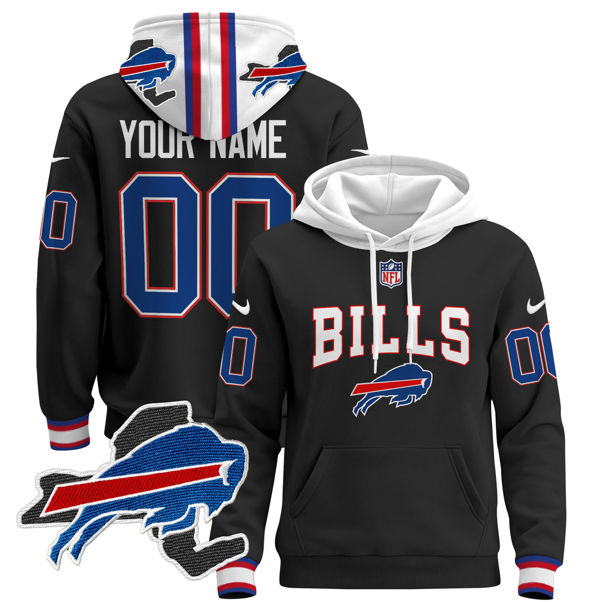 Buffalo Bills 2024 Custom Pullover Hoodie V3 - All Stitched - Black — view 1