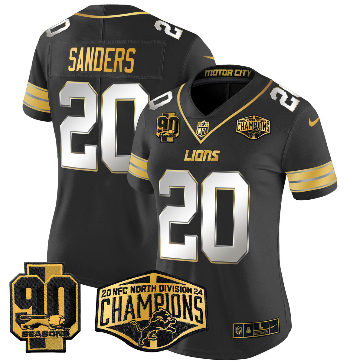 Women's Detroit Lions 2024 NFC North Division Champions Patch Gold Vapor Limited Jersey - All Stitched - Black Limited - Barry Sanders — view 1