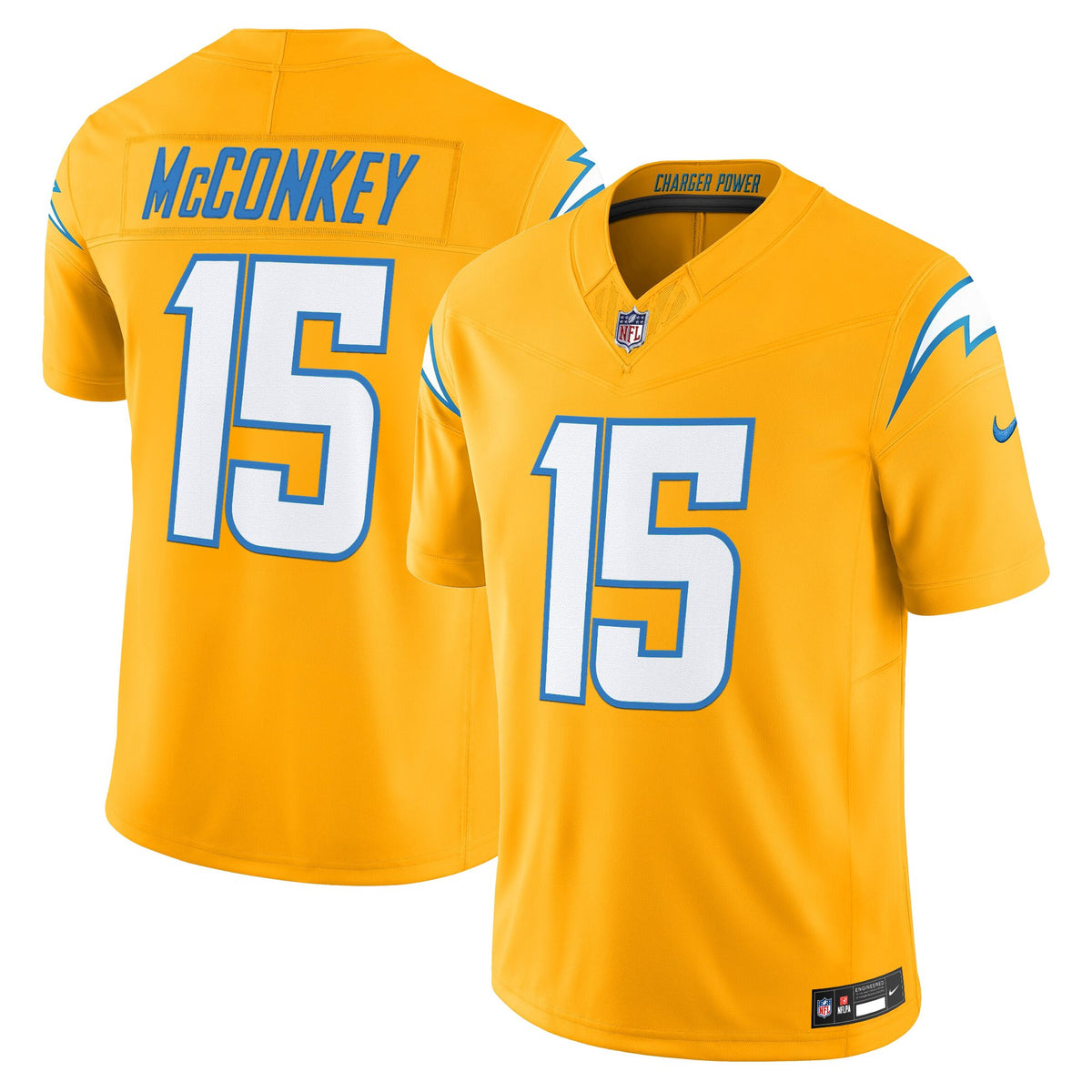 Men's Los Angeles Chargers 2025 Alternate Charger Power Vapor Limited Jersey - All Stitched - Gold - Ladd McConkey — view 1