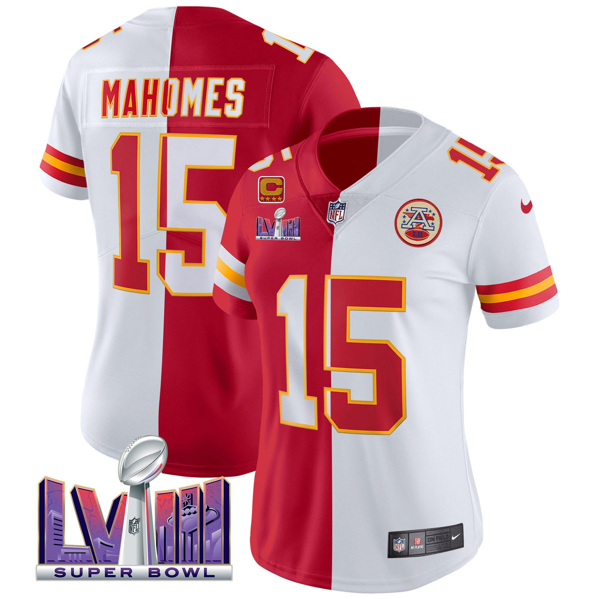 Women's Chiefs Super Bowl LVIII Patch Vapor Jersey V4 - All Stitched - Split - Patrick Mahomes — view 1