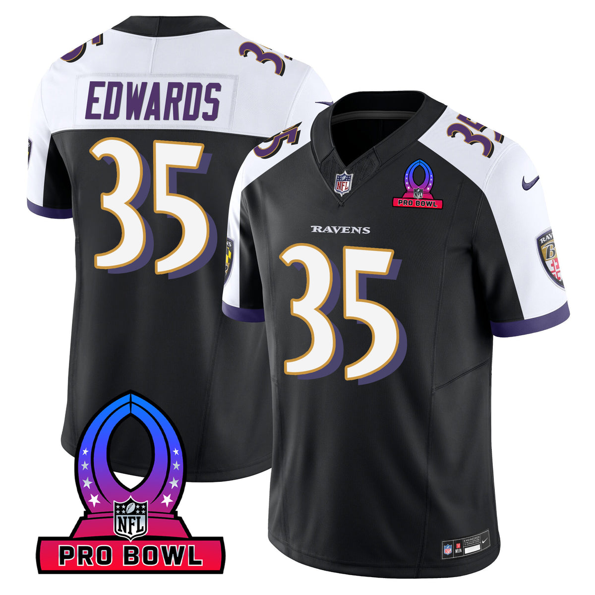 Men's Ravens 2024 Pro Bowl Patch Vapor Jersey - All Stitched - Black Alternate - Gus Edwards — view 1
