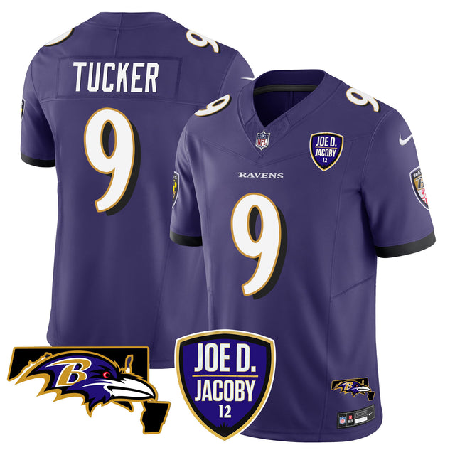Men's Ravens Joe D & Jacoby Patch Vapor Limited Jersey - All Stitched - Purple - Justin Tucker — view 1