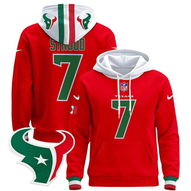 Men's Houston Texans Mexico 2024 Pullover Hoodie - All Stitched - Red - C.J. Stroud — view 1