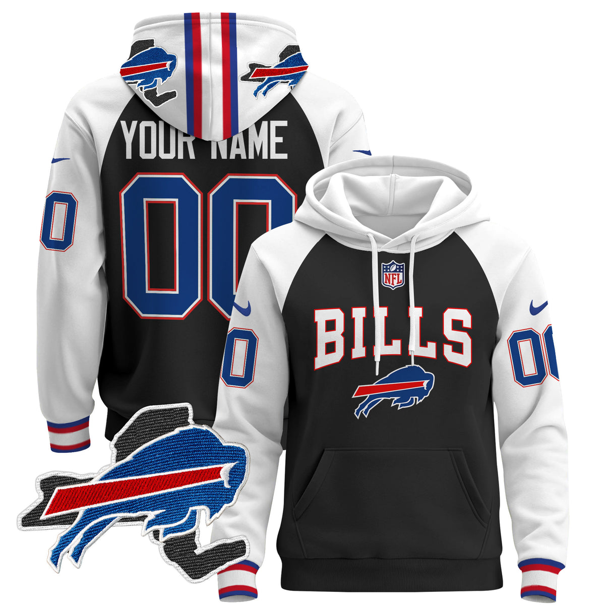 Buffalo Bills 2024 Custom Pullover Hoodie V3 - All Stitched - Black Alternate — view 1