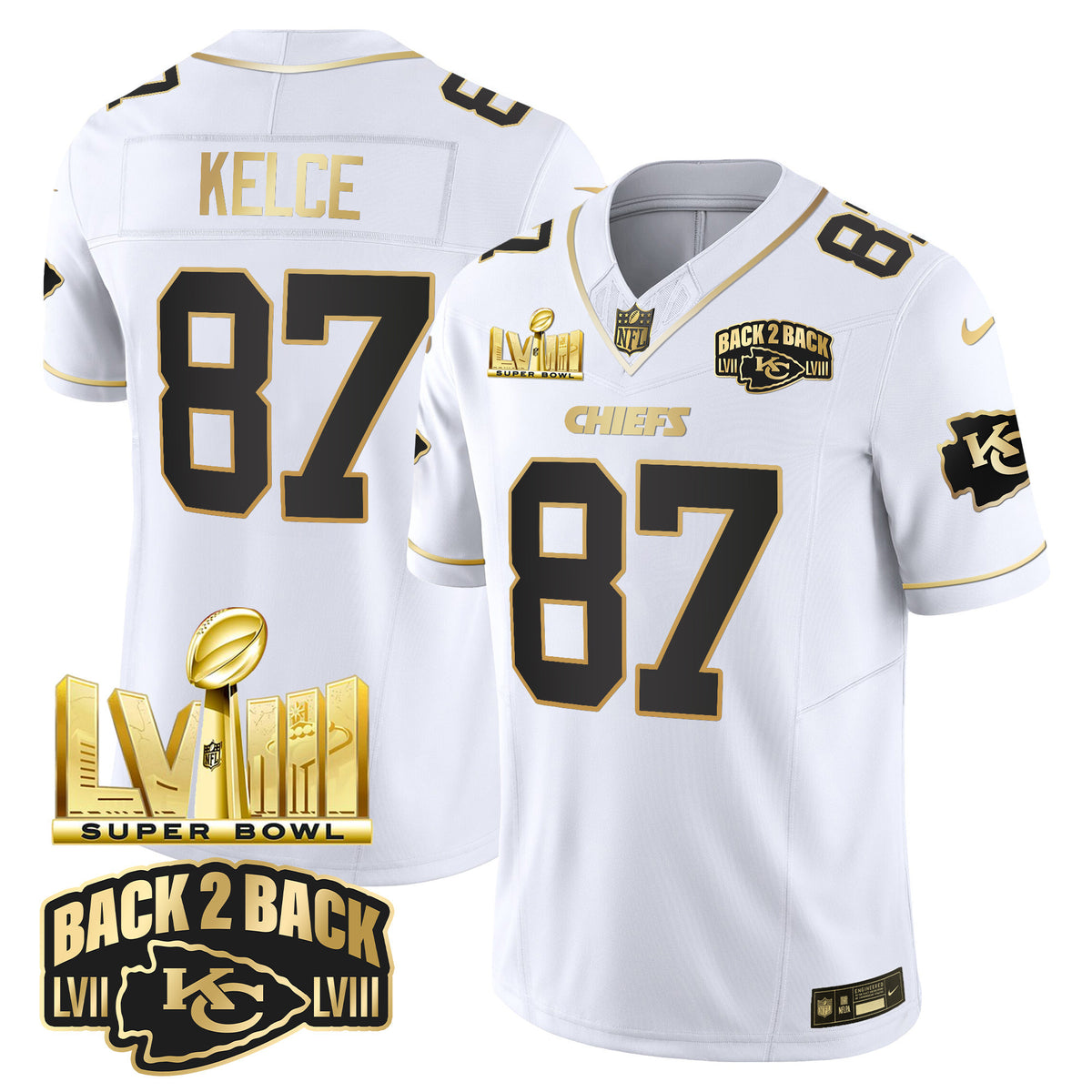 Men's Chiefs Super Bowl LVIII & Back 2 Back Gold Patch Vapor Jersey V2 - All Stitched - White Gold - Travis Kelce — view 1