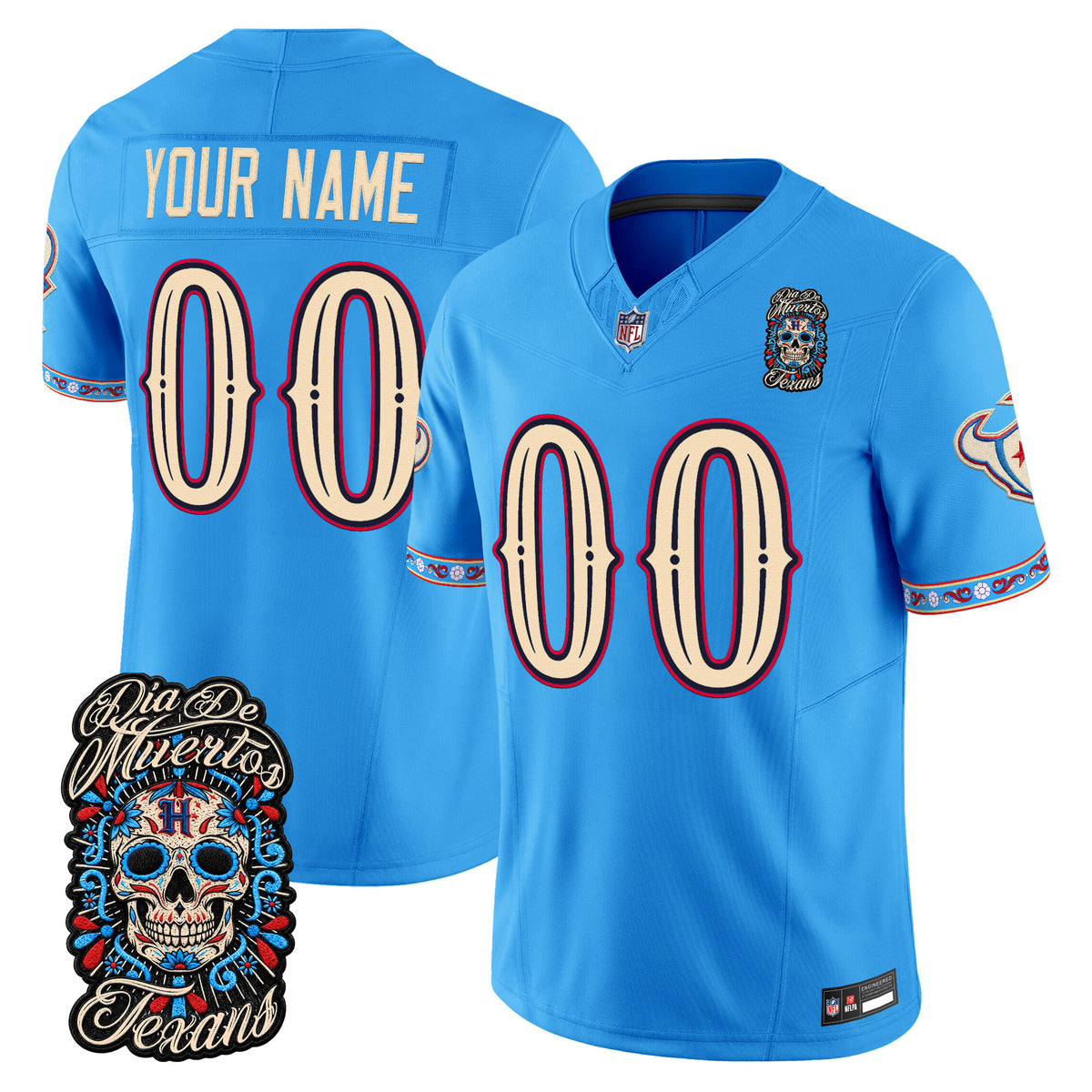 Houston Texans Día de los Muertos Vapor Limited Custom Jersey - All Stitched - Blue — view 1
