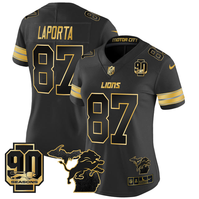 Women's Detroit Lions 2024 Michigan & 90th Year Patch Gold Vapor Limited Jersey - All Stitched - Black Gold - Sam Laporta — view 1