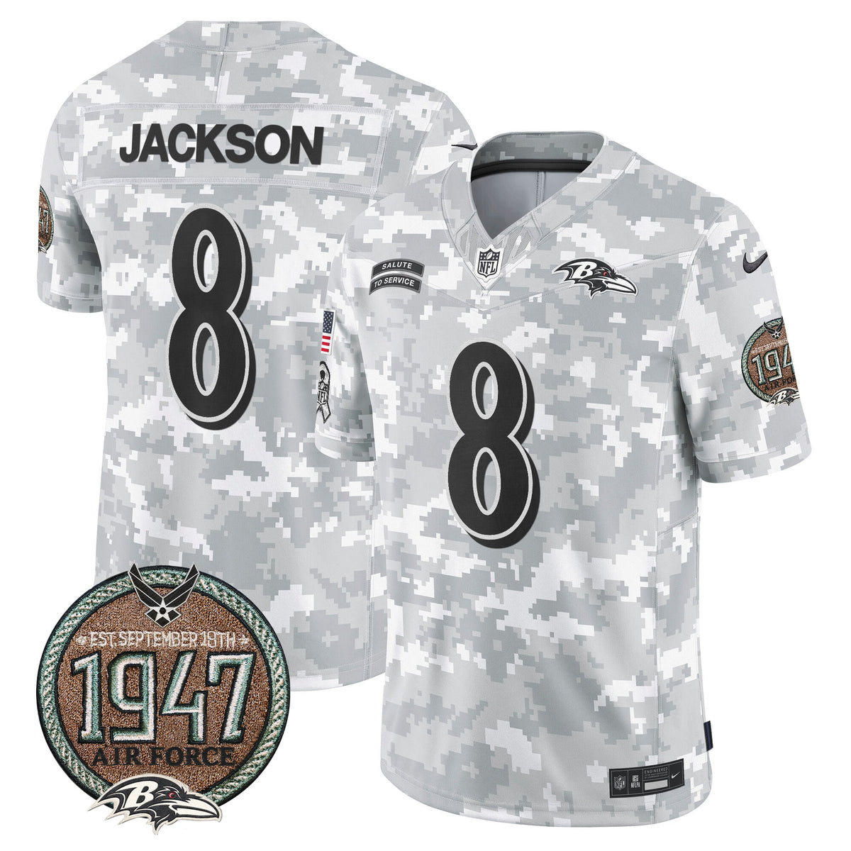 Men's Ravens 2024 Salute to Service Establishment Year Patch Vapor Limited Jersey - All Stitched - Air Force - Lamar Jackson — view 1