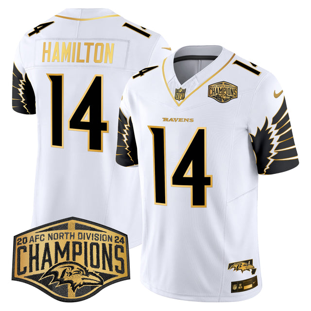 Men's Ravens Maryland 2024 AFC North Division Champions Patch Gold Vapor Limited Jersey - All Stitched - White Gold - Kyle Hamilton — view 1