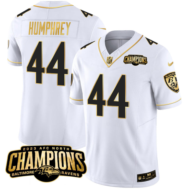 Men's Ravens 2023 AFC North Champions Patch Gold Vapor Jersey - All Stitched - White Gold - Marlon Humphrey — view 1