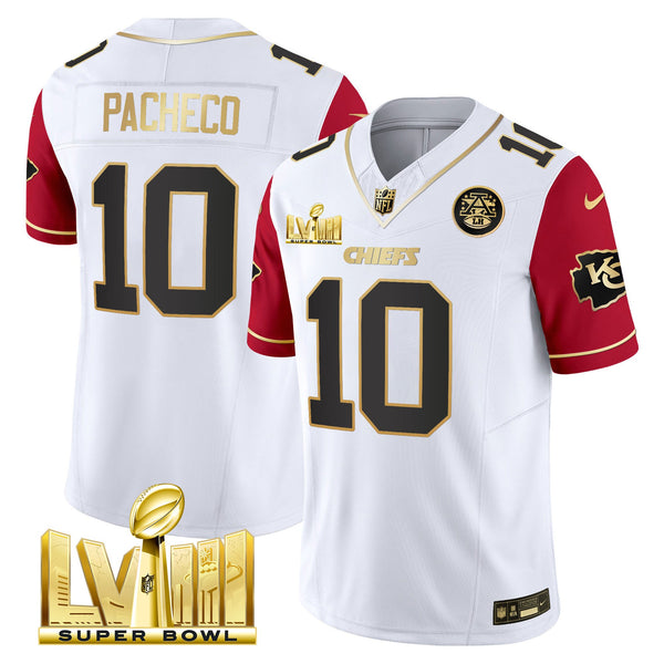 Men's Chiefs Super Bowl LVIII Gold Patch Vapor Jersey V4 - All Stitched - Color Sleeves - Isiah Pacheco — view 1