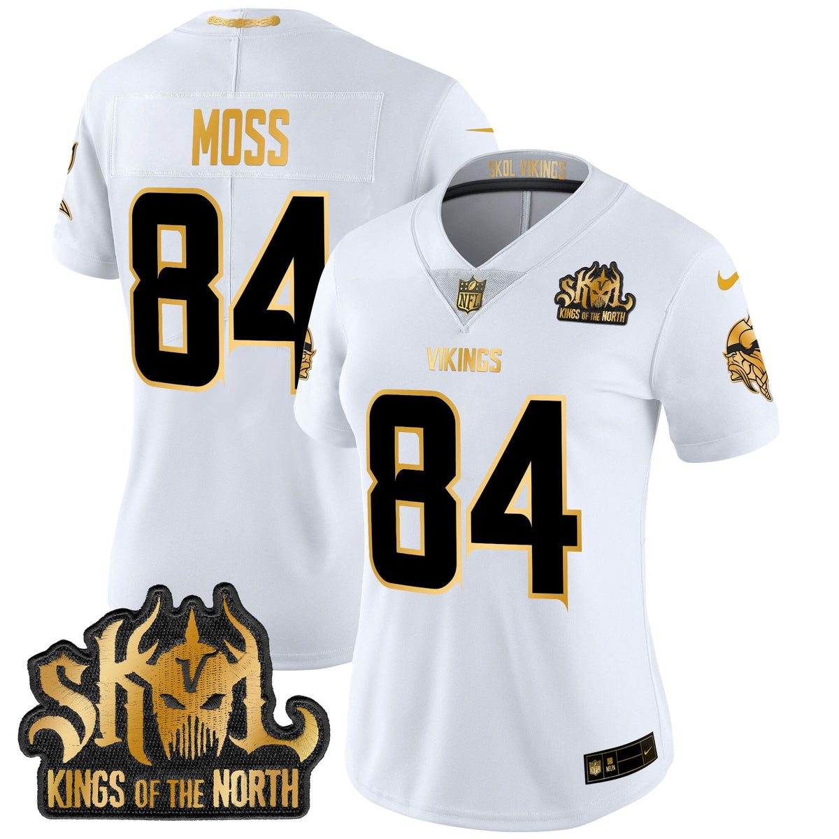 Women's Minnesota Vikings 2024 Winter Warrior Skol Patch Gold Vapor Limited Jersey - All Stitched - White Gold - Randy Moss — view 1