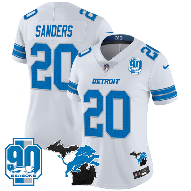 Women's Detroit Lions 2024 Michigan & 90th Year Patch Vapor Jersey - All Stitched - White - Barry Sanders — view 1