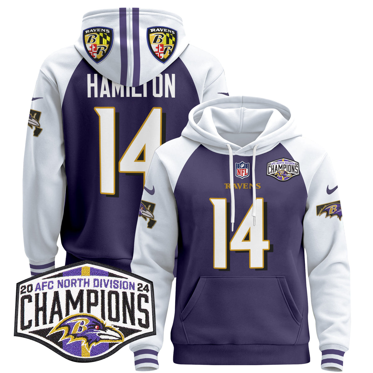 Men's Baltimore Ravens 2024 AFC North Division Champions Patch Pullover Hoodie V2 - All Stitched - Purple Alternate - Kyle Hamilton — view 1