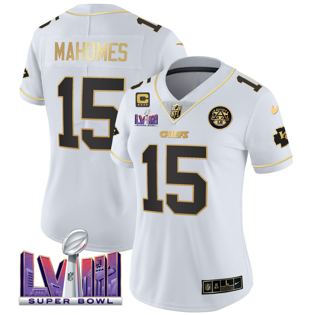 Women's Chiefs Super Bowl LVIII Patch Vapor Jersey V4 - All Stitched - White Gold - Patrick Mahomes — view 1
