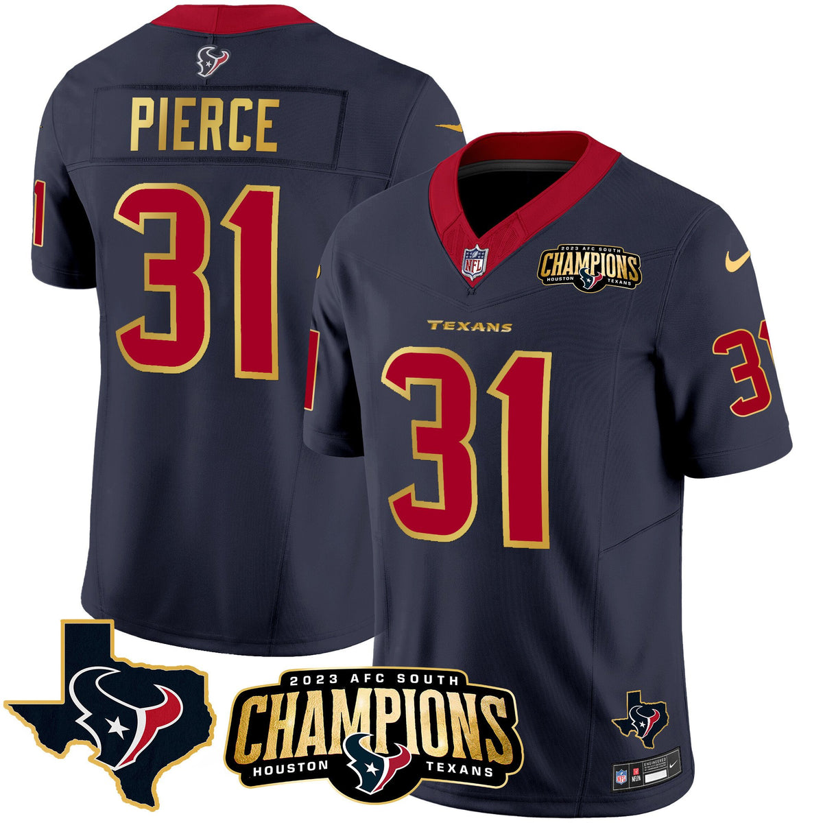 Men's Houston Texans 2023 AFC South Champions Patch Gold Trim Vapor Jersey - All Stitched - Navy - Dameon Pierce — view 1