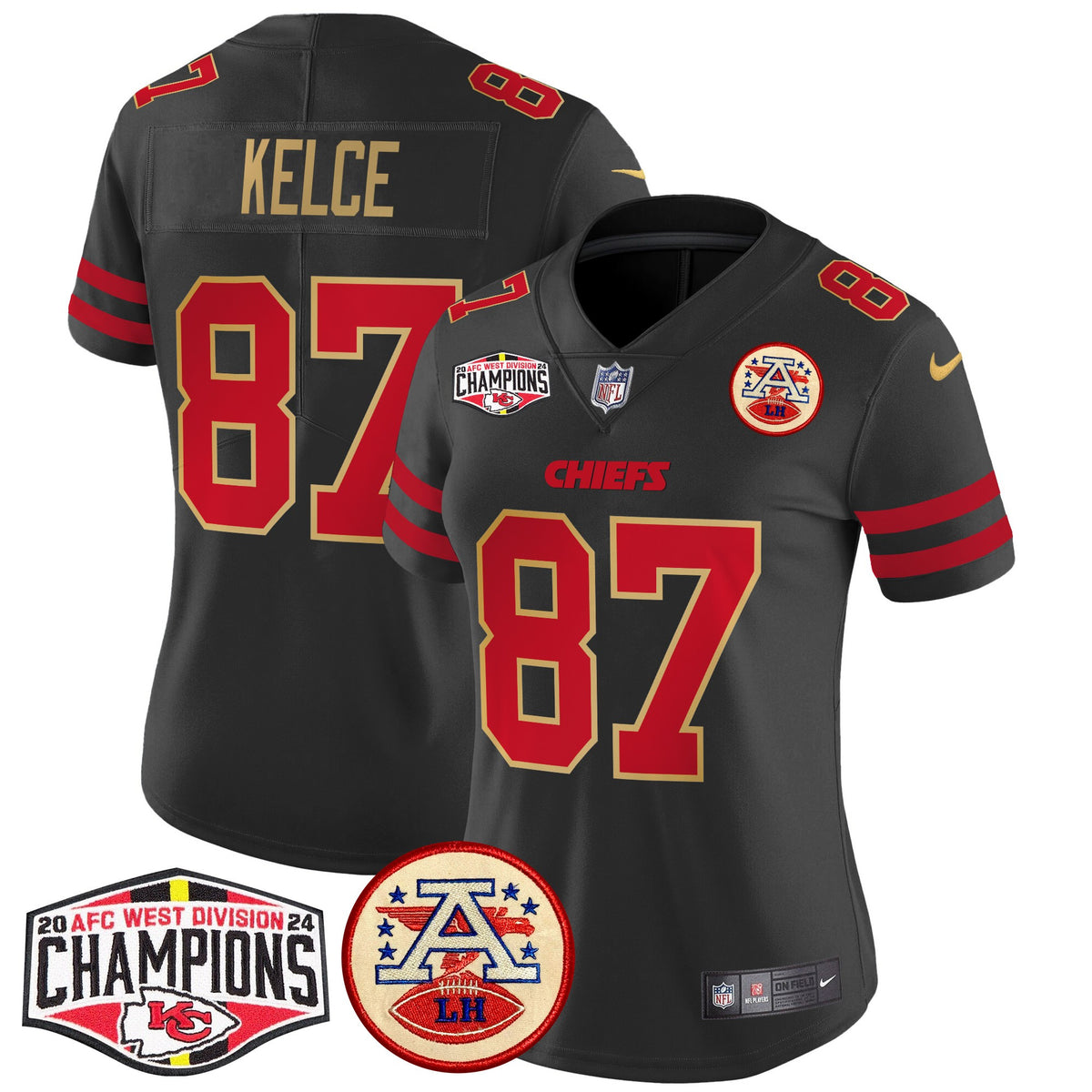 Women's Chiefs 2024 AFC West Division Champions Patch Vapor Limited Jersey - All Stitched - Gold Trim - Travis Kelce — view 1