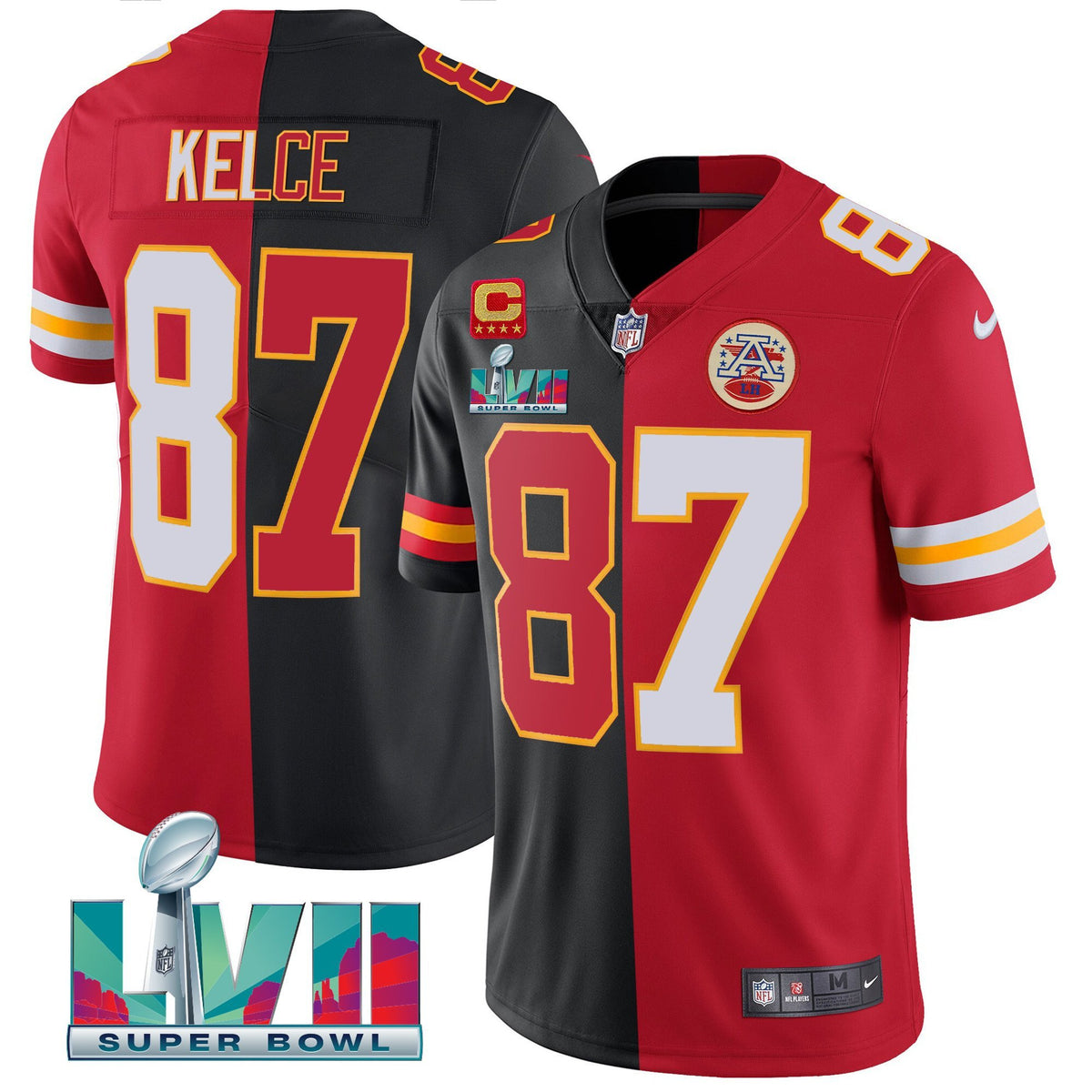 Men's Chiefs Super Bowl LVII Vapor Player Jersey - All Stitched - Split Red-Black - Travis Kelce — view 1