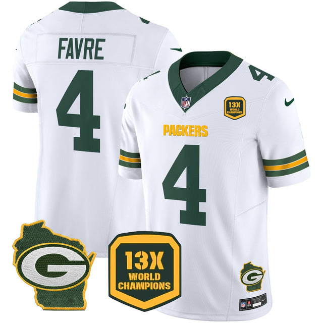 Men's Packers 13 Time World Champions & Home Patch Vapor Jersey – All Stitched - White - Brett Favre — view 1