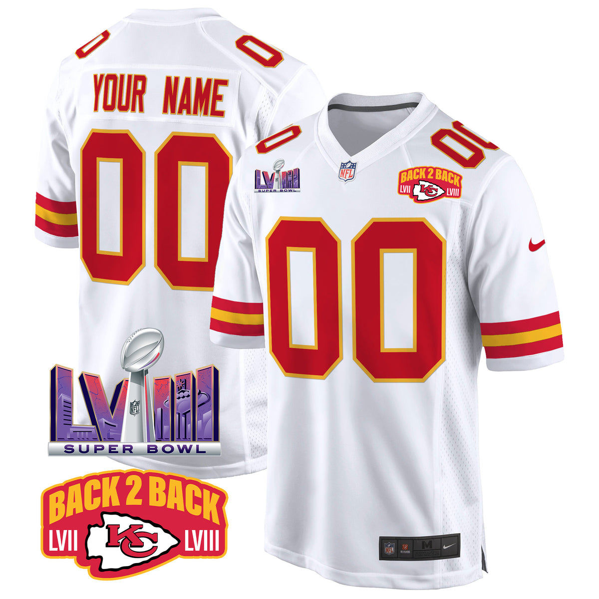 Chiefs Super Bowl LVIII & Back 2 Back Patch Game Custom Jersey - All Stitched - White — view 1