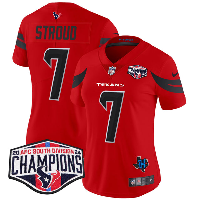 Women's Houston Texans 2024 AFC South Division Champions Patch Vapor Limited Jersey - All Stitched - Red - C.J. Stroud — view 1