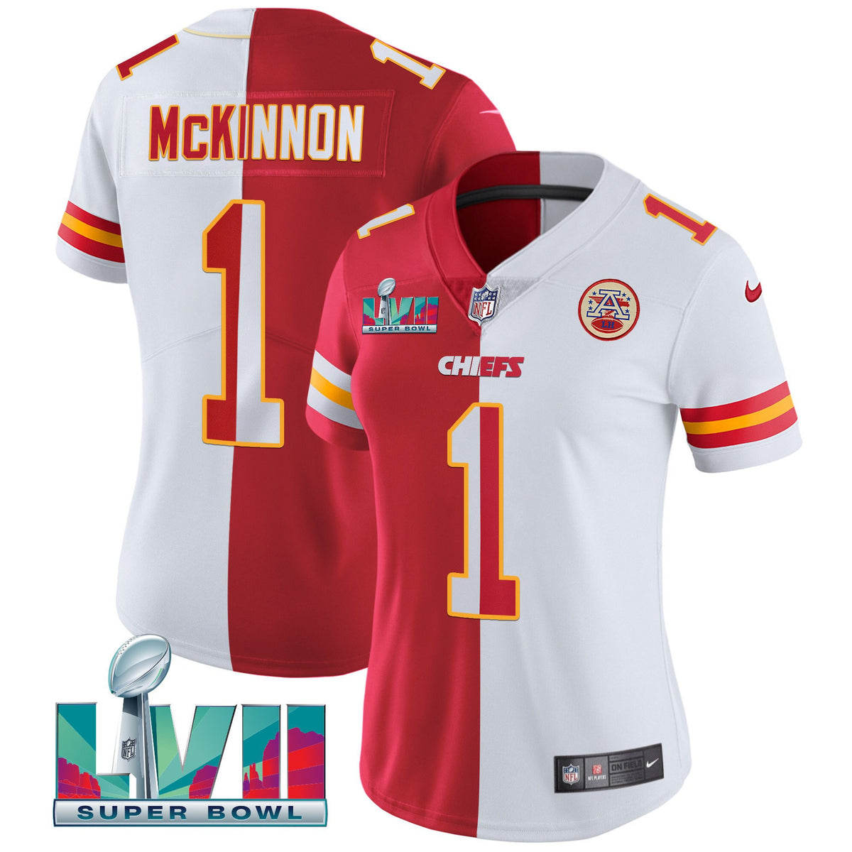 Women's Chiefs Super Bowl Vapor Gold Jersey - All Stitched - Split - Jerick McKinnon — view 1