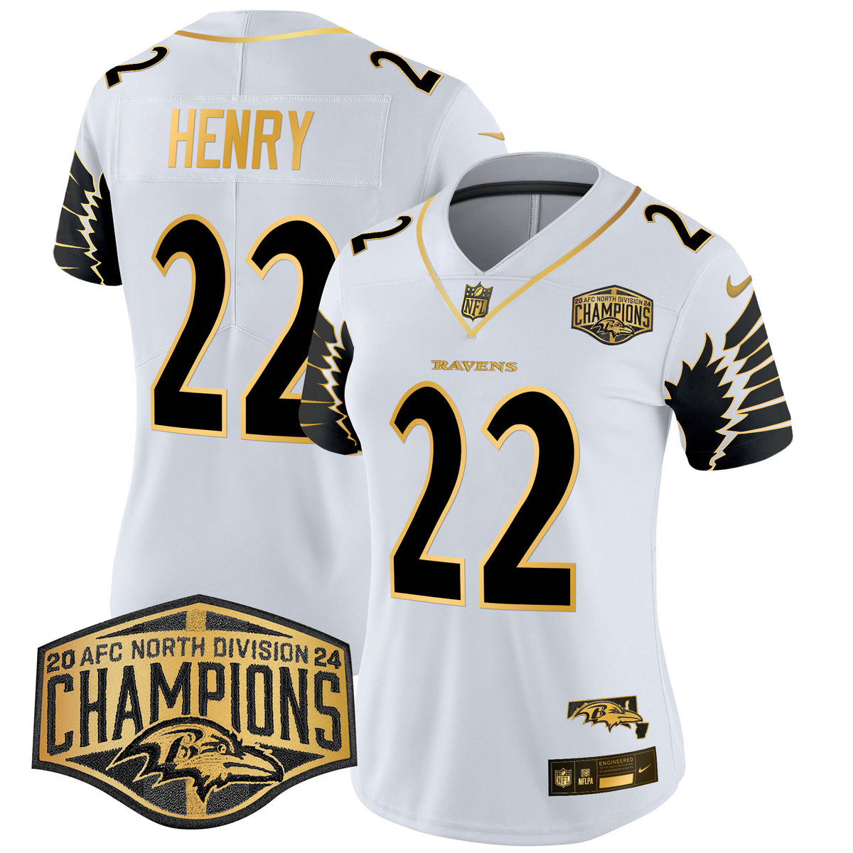 Women's Ravens Maryland 2024 AFC North Division Champions Patch Gold Vapor Limited Jersey - All Stitched - White Gold - Derrick Henry — view 1