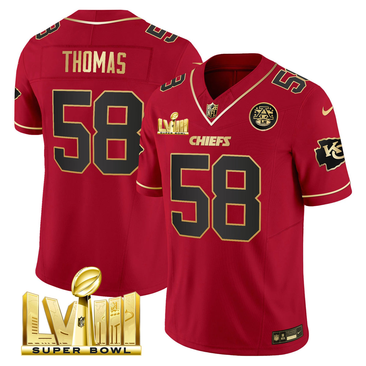 Men's Chiefs Super Bowl LVIII Gold Patch Vapor Jersey V4 - All Stitched - Red Special - Derrick Thomas — view 1