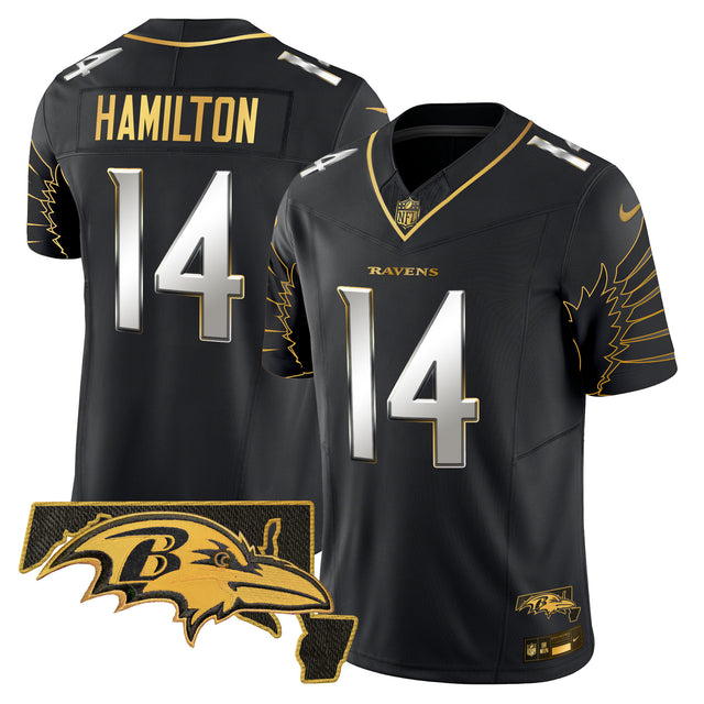 Men's Ravens Maryland Patch Gold Vapor Limited Jersey V2 - All Stitched - Black Limited - Kyle Hamilton — view 1