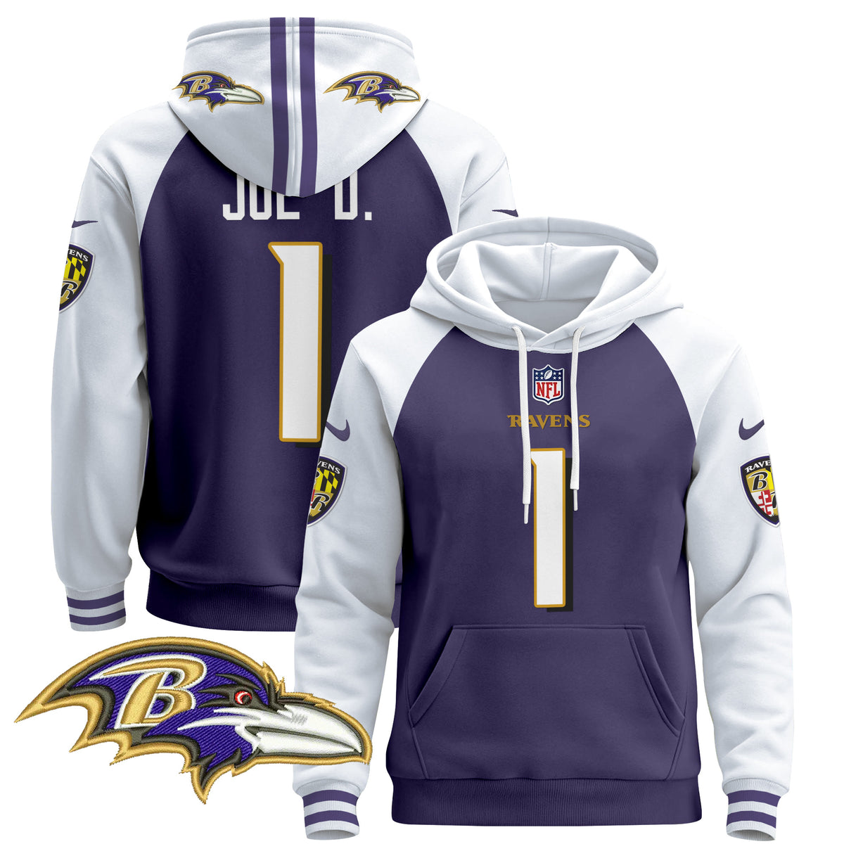 Men's Baltimore Ravens 2024 Pullover Hoodie V4 - All Stitched - Purple Alternate - Joe D — view 1